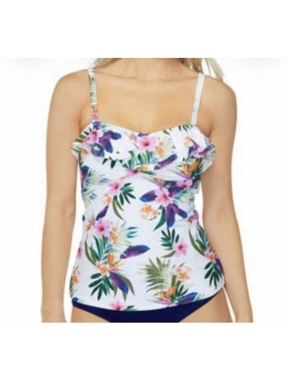 Island Escape Women's White Tahiti Tropical-Print Ruffled Tankini Top Size 20W